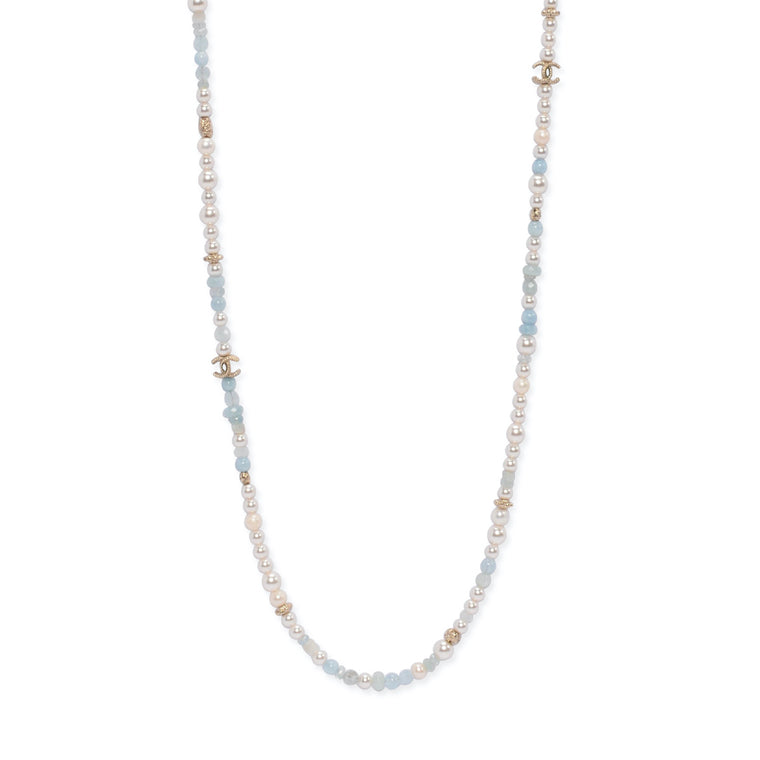 Chanel Aquamarine Crystal & Pearl Long Necklace