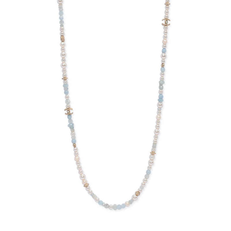 Chanel Aquamarine Crystal & Pearl Long Necklace - Blue Spinach