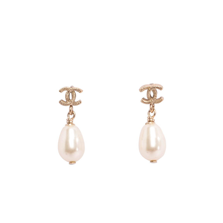 Chanel Light Gold CC Pearl Drop Earrings