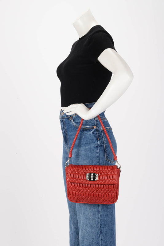 Miu Miu Red Matelasse Crystal Strap Shoulder Bag - Blue Spinach