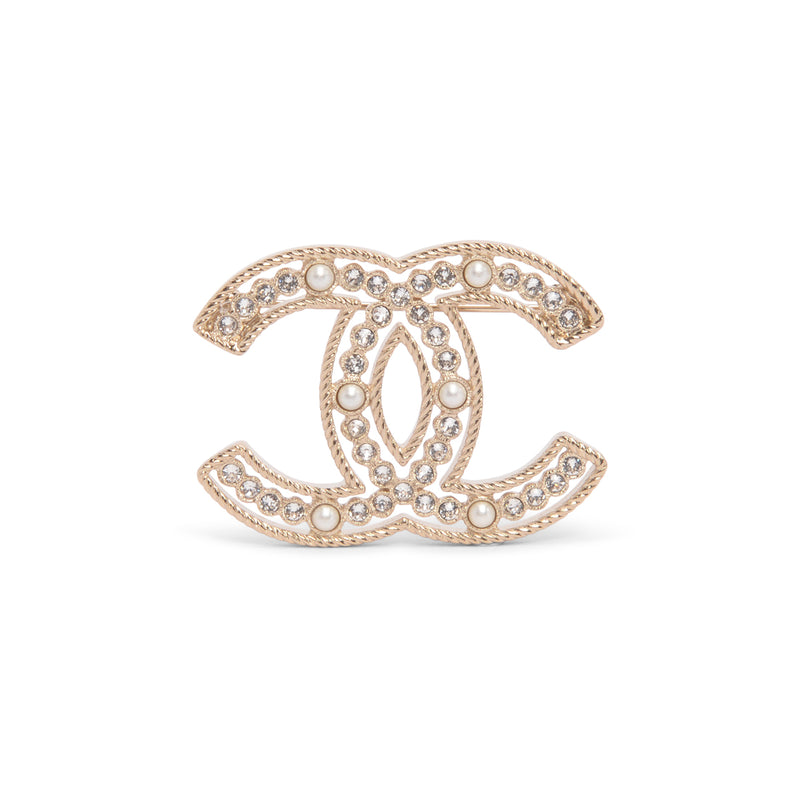 Chanel Light Gold Pearl & Crystal CC Brooch - Blue Spinach