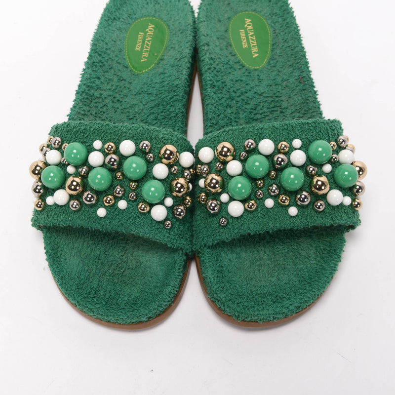 Aquazzura Green Terry Cotton Bon Bon Pool Slides 41 - Blue Spinach