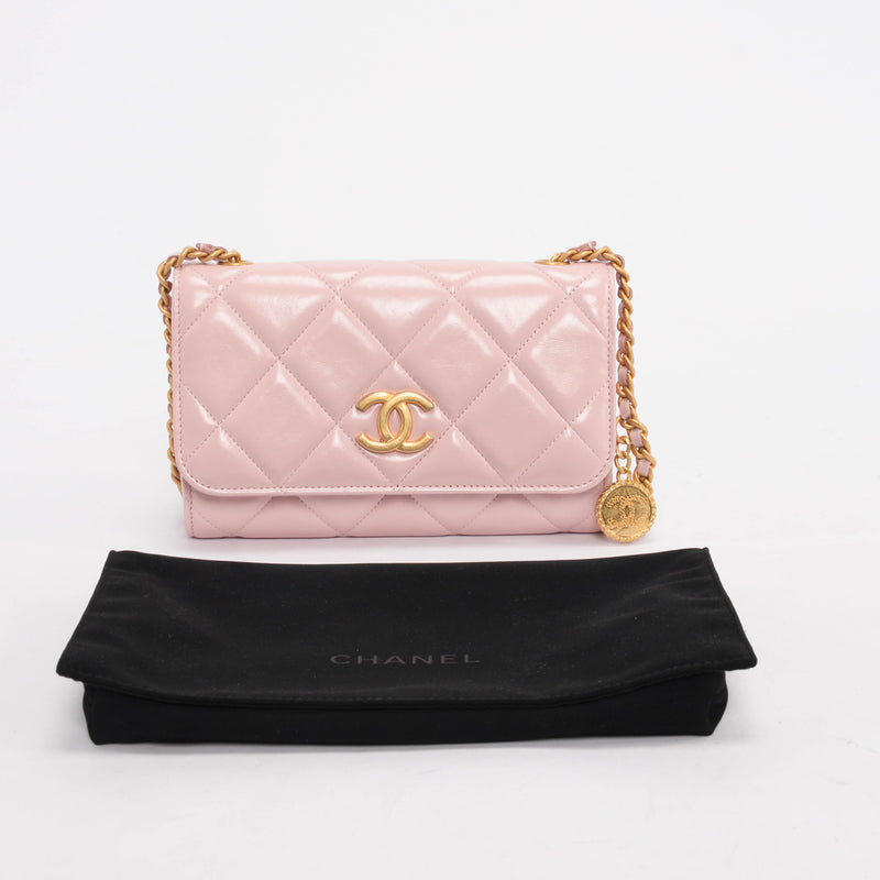 Chanel Pink Glossy Lambskin CC Medallion Wallet on Chain - Blue Spinach