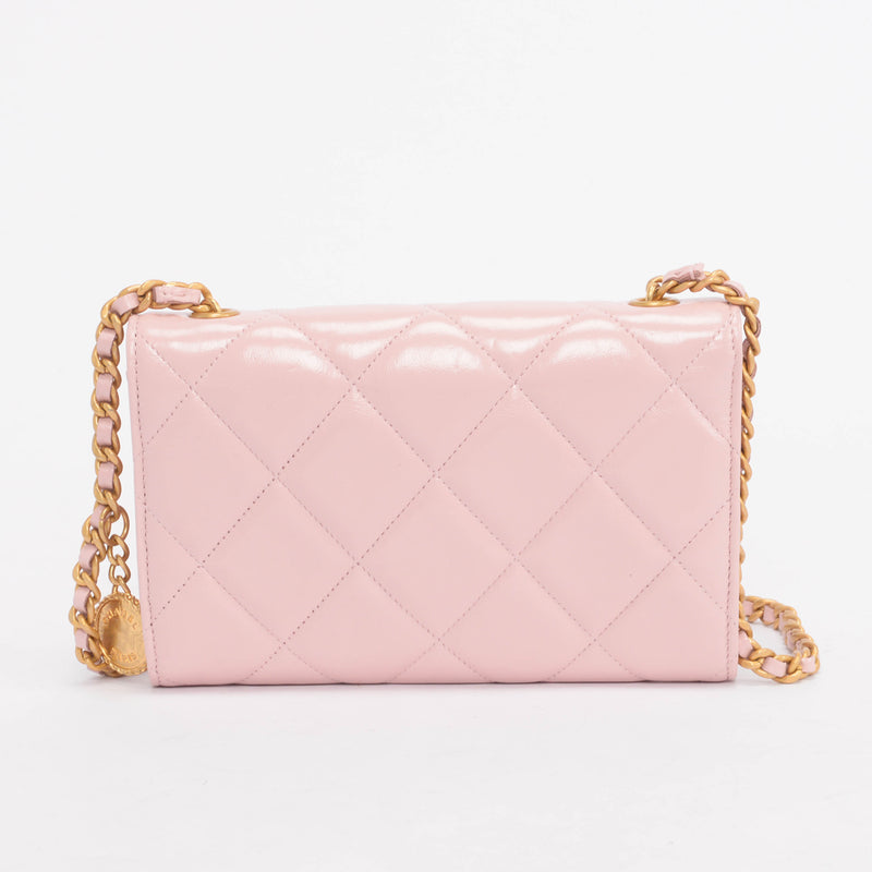 Chanel Pink Glossy Lambskin CC Medallion Wallet on Chain - Blue Spinach