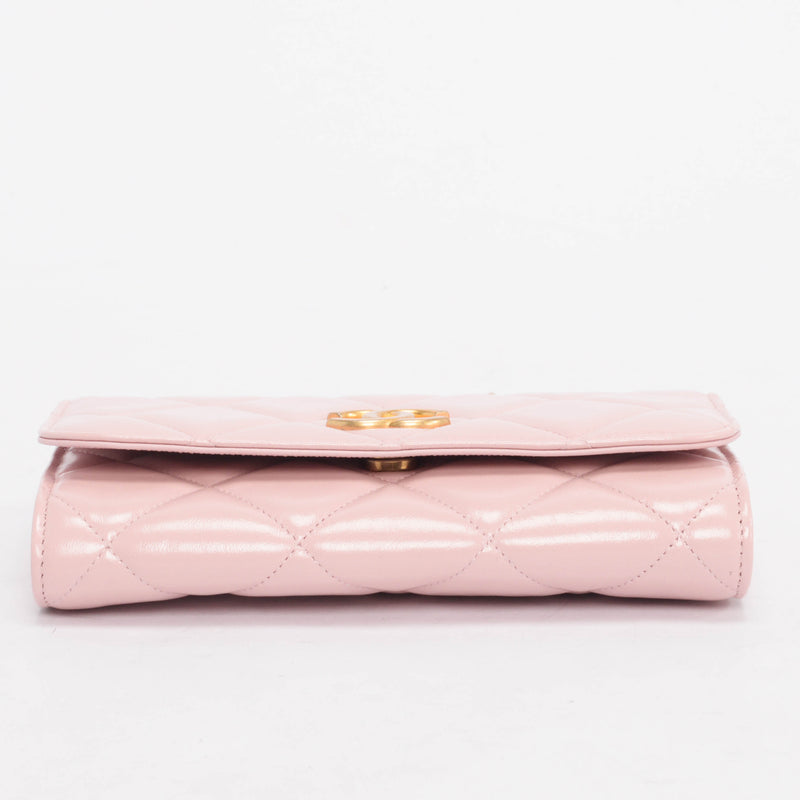 Chanel Pink Glossy Lambskin CC Medallion Wallet on Chain - Blue Spinach