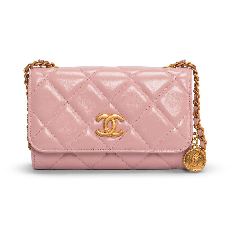 Chanel Pink Glossy Lambskin CC Medallion Wallet on Chain - Blue Spinach