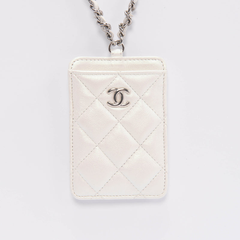 Chanel White Pearlescent Lambskin CC Card Holder on Chain - Blue Spinach