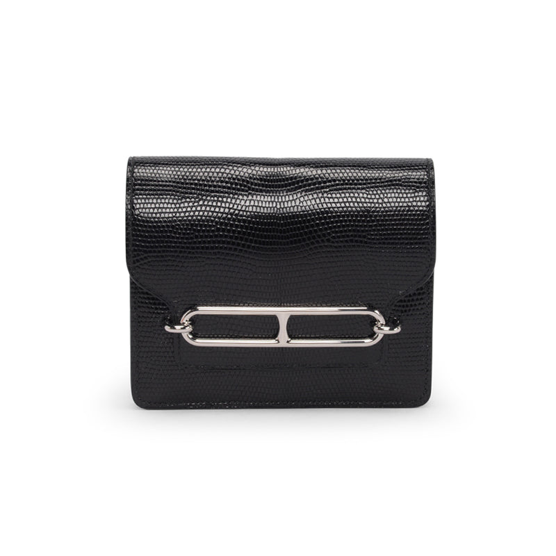 Hermes Noir Shiny Lizard Roulis Slim Wallet - Blue Spinach