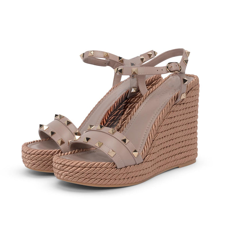 Valentino Poudre Satin Rope Rockstud Wedges 37 - Blue Spinach