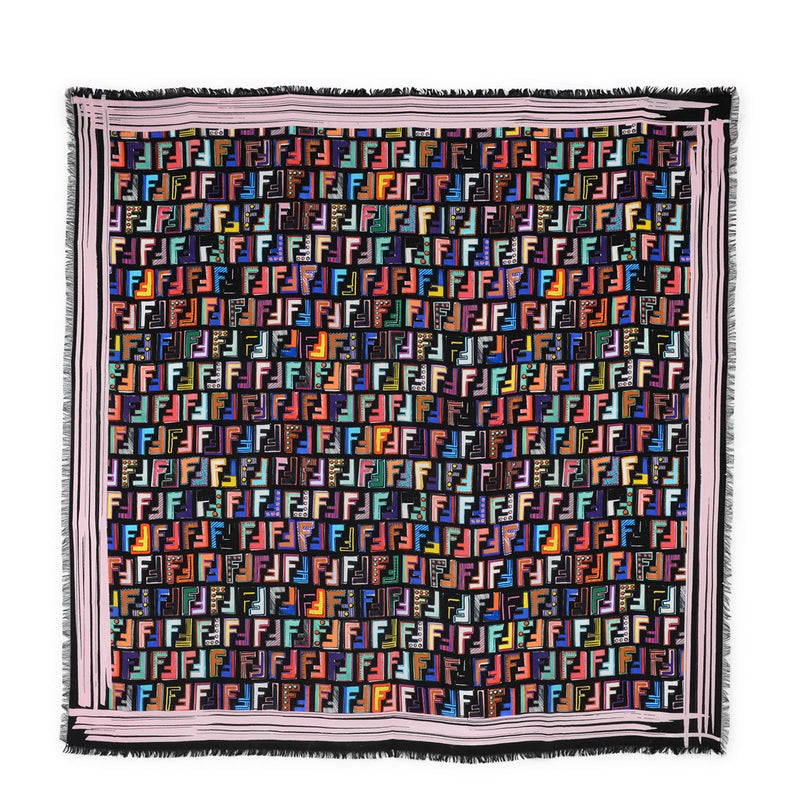 Fendi Black Silk Multicolour FF Fringed Scarf 90 - Blue Spinach