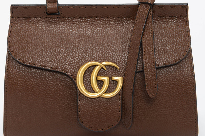 Gucci Brown Calfskin Mini GG Marmont Top Handle Bag - Blue Spinach