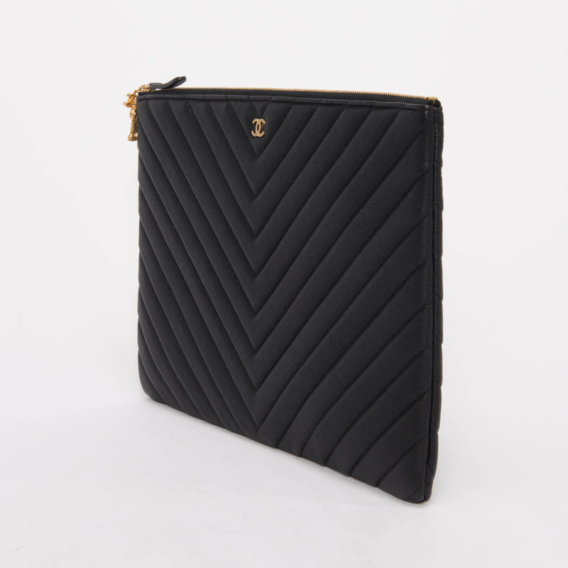 Chanel Black Chevron Caviar Large O Case Pouch - Blue Spinach