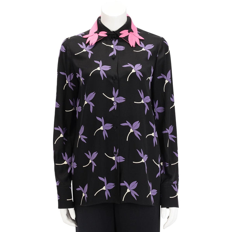 Valentino Black Silk Floral Print Blouse FR 40 - Blue Spinach