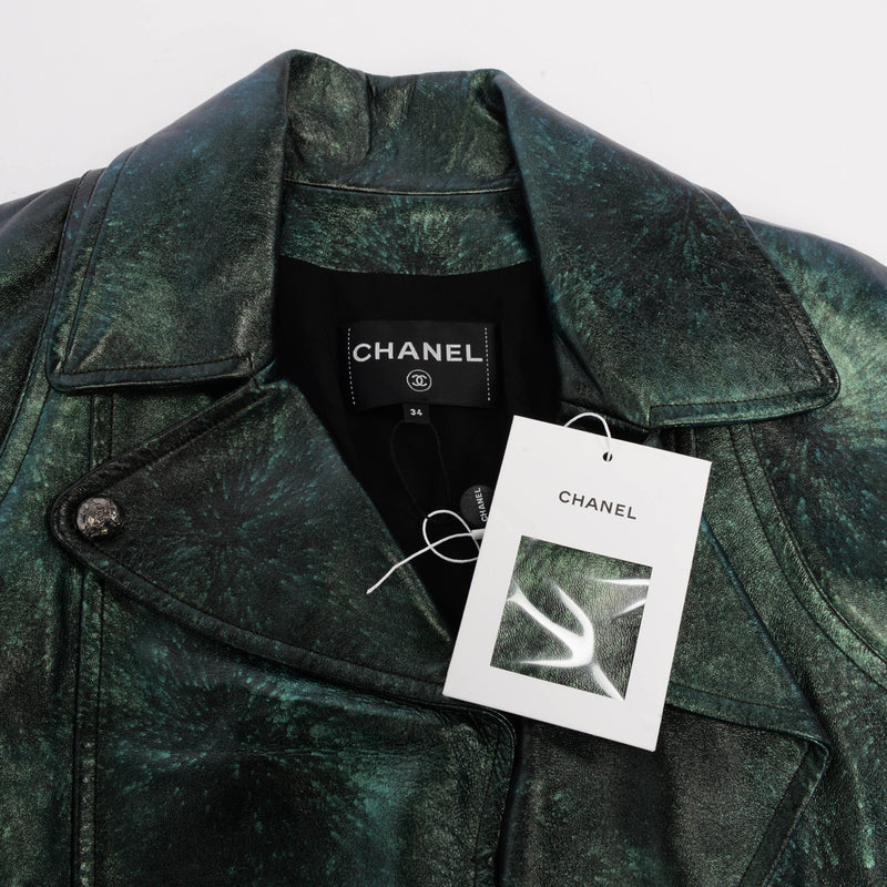 Chanel Green Iridescent Lambskin Biker Jacket FR 34 - Blue Spinach