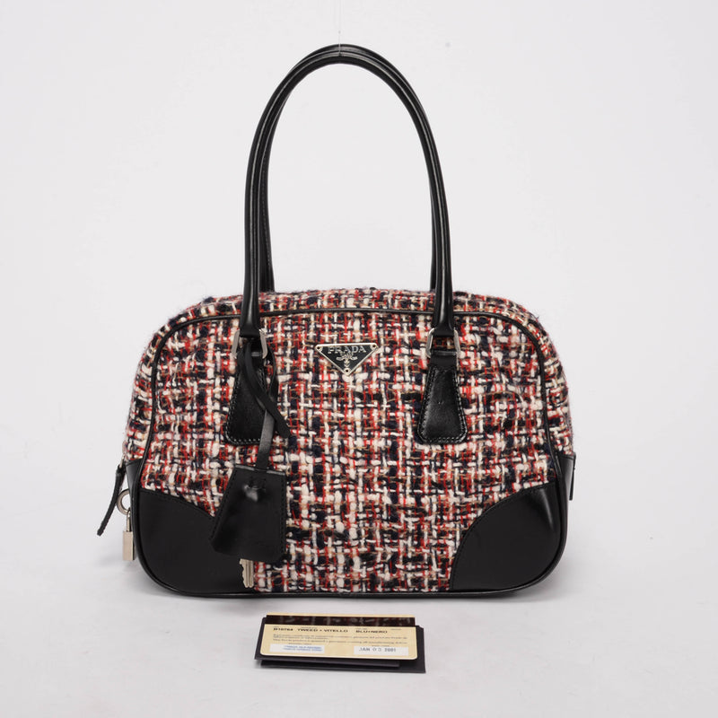 Prada Red Tweed & Vitello Mini Boston Bag - Blue Spinach