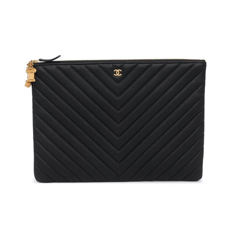 Chanel Black Chevron Caviar Large O Case Pouch - Blue Spinach