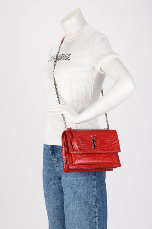 Saint Laurent Red Croc Embossed Medium Sunset Shoulder Bag - Blue Spinach