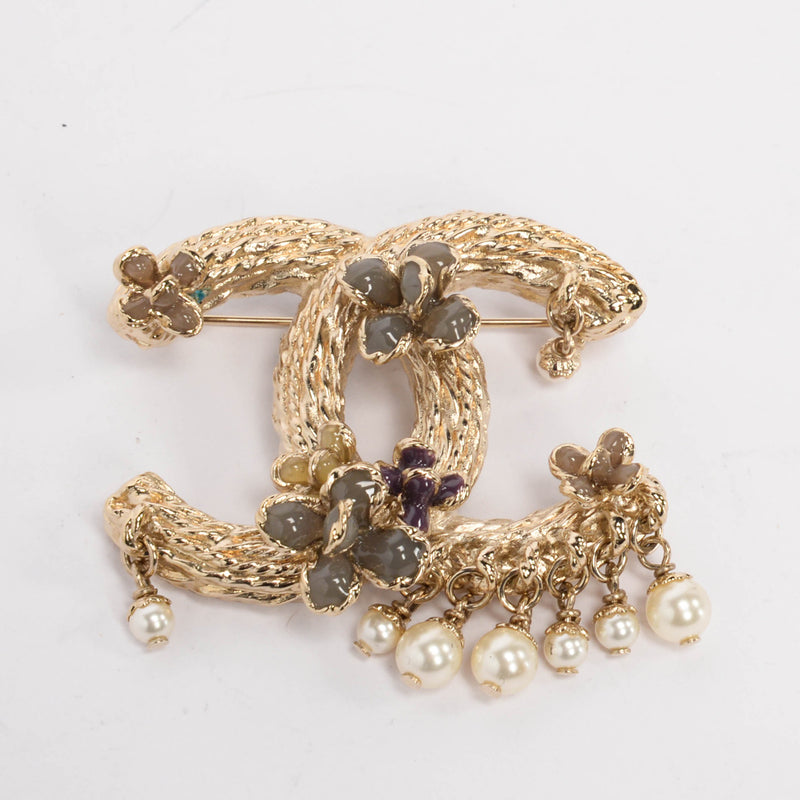 Chanel Light Gold Gripoix Flower & Pearl CC Brooch - Blue Spinach