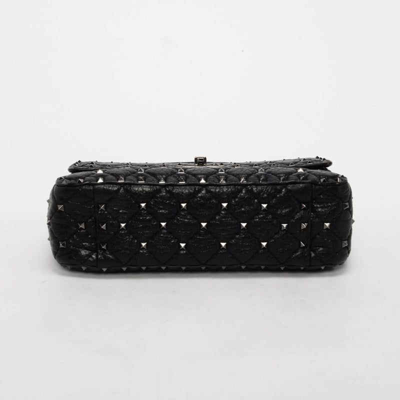 Valentino Black Crinkled Lambskin Medium Rockstud Spike Top Handle Bag - Blue Spinach