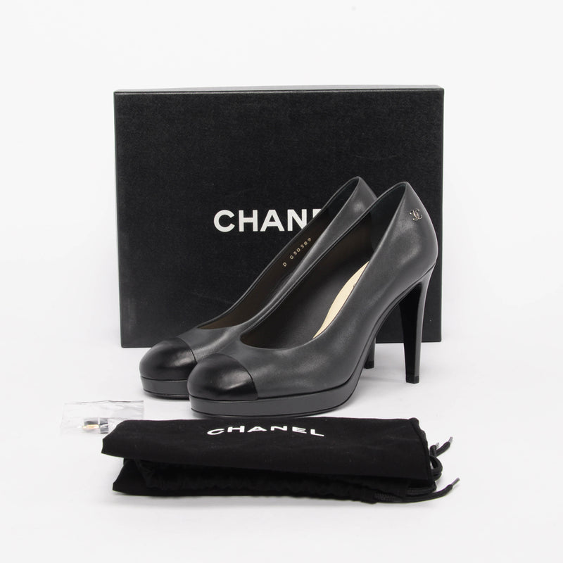 Chanel Charcoal Lambskin Cap Toe CC Pumps 38 - Blue Spinach