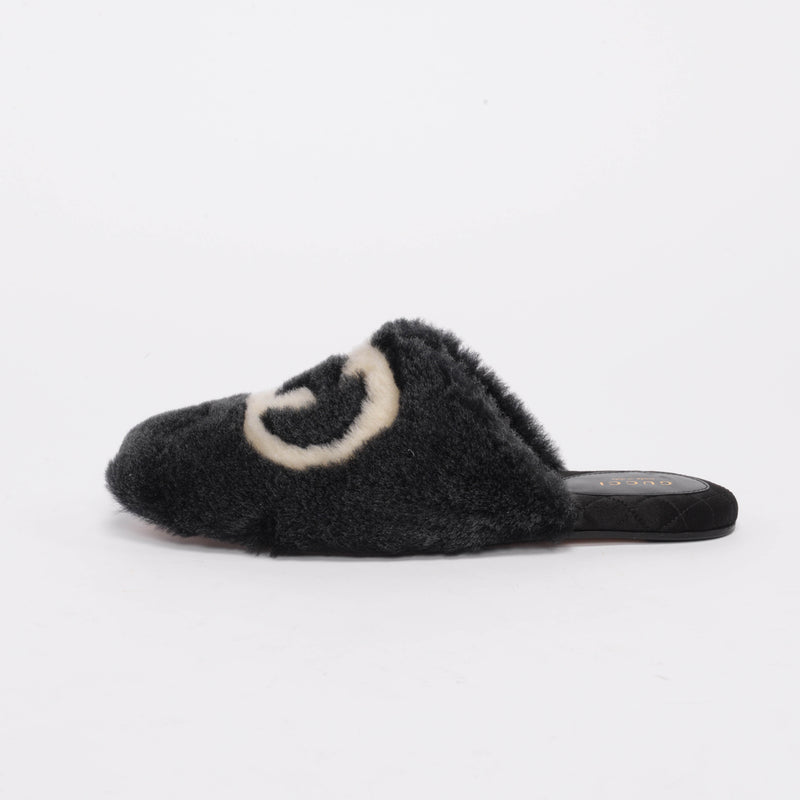 Gucci Black Faux Fur Interlocking G Slippers 38 - Blue Spinach