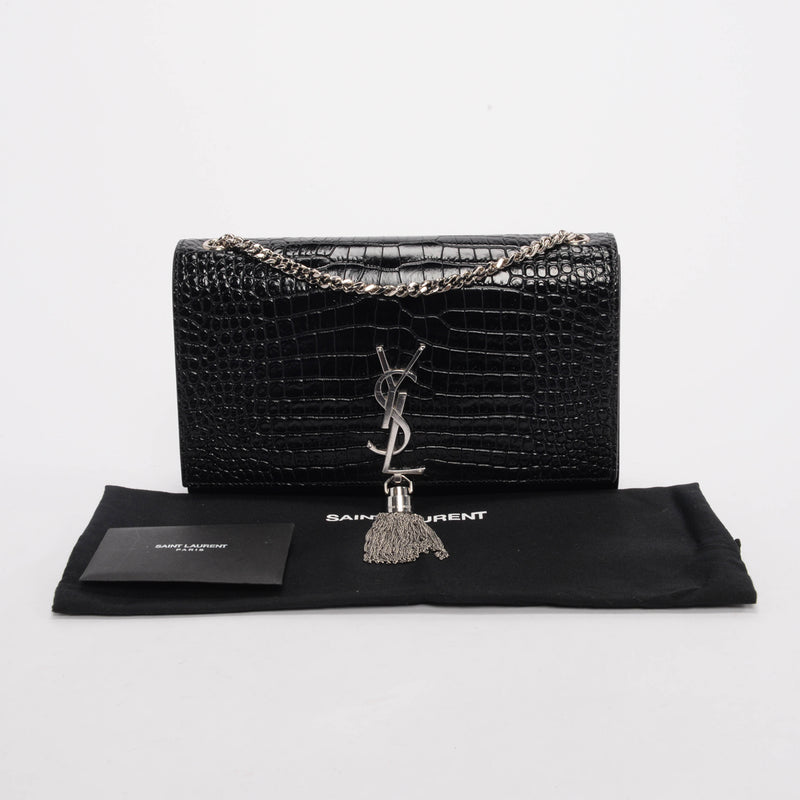 Saint Laurent Black Croc Embossed Medium Kate Tassel Bag - Blue Spinach