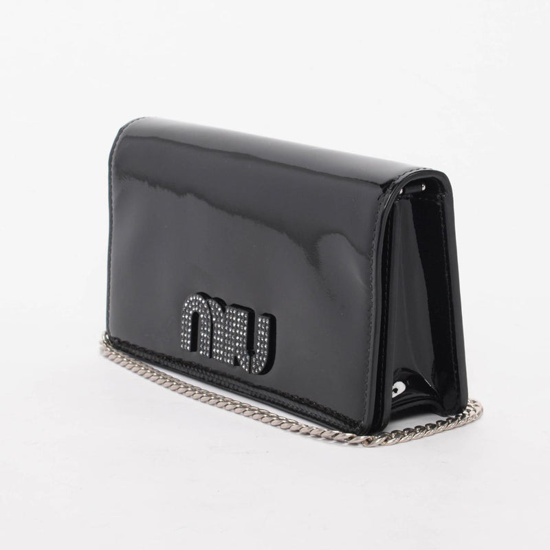 Miu Miu Black Patent Crystal Logo Clutch With Chain - Blue Spinach