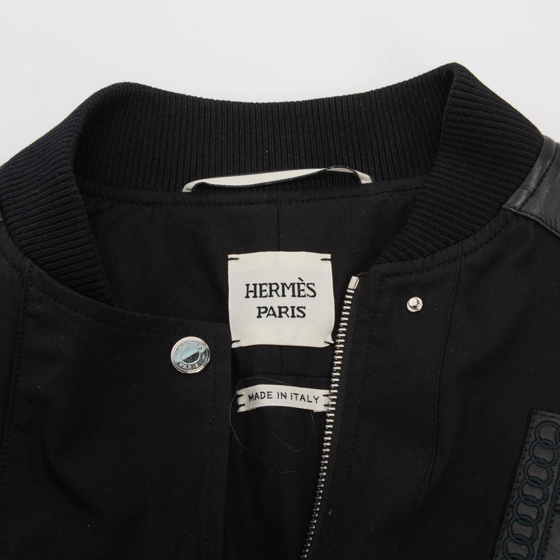 Hermes Black Cotton & Lambskin Embroidered Bomber Jacket FR 38 - Blue Spinach