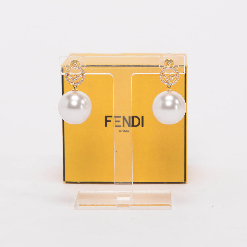 Fendi Gold Tone Crystal & Pearl F is Fendi Drop Earrings - Blue Spinach