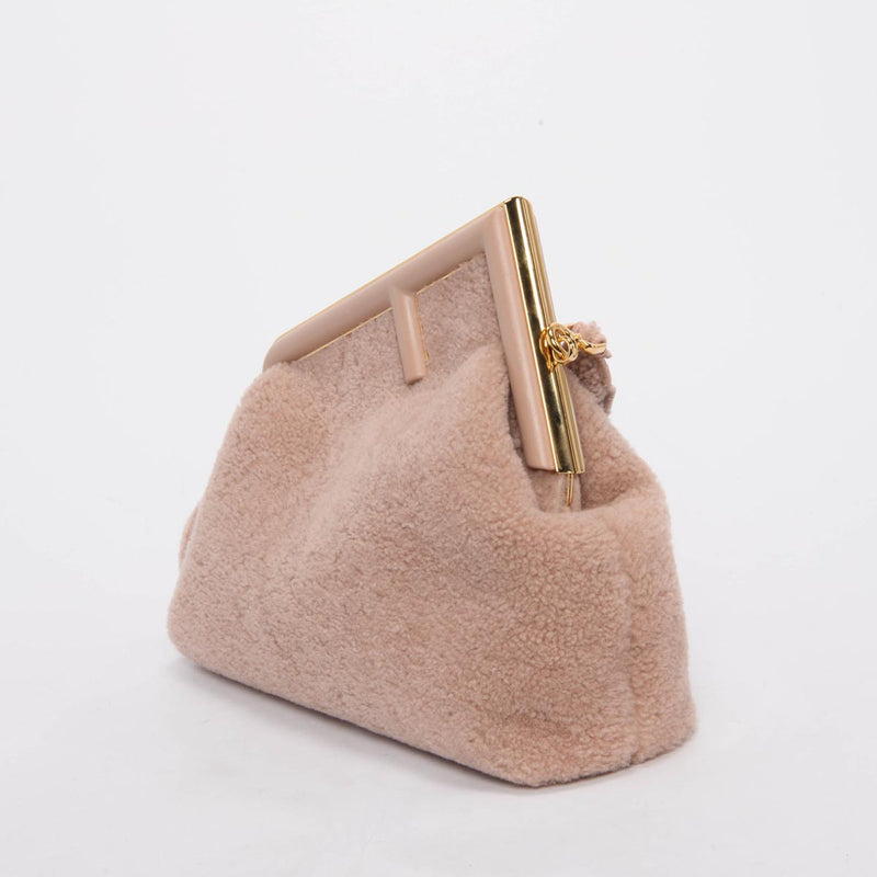 Fendi Rosa Plaster Shearling Medium Fendi First Clutch - Blue Spinach