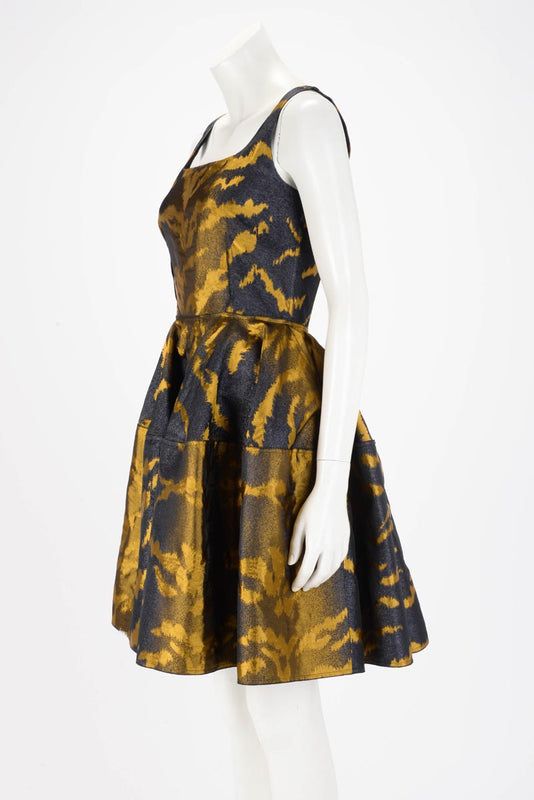 Lanvin Gold Jacquard Cocktail Dress FR 36 - Blue Spinach