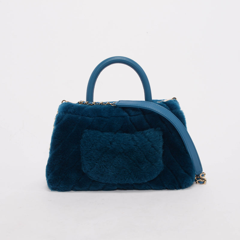 Chanel Teal Shearling Small Coco Handle Bag - Blue Spinach