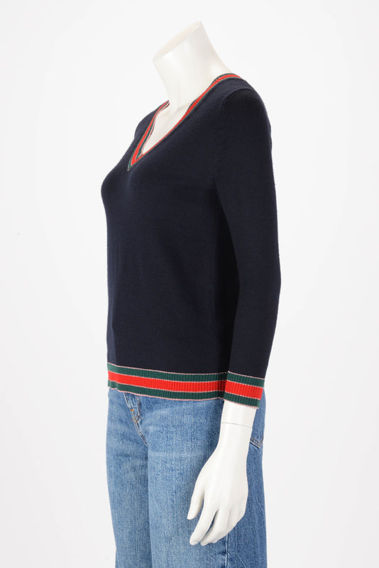 Gucci Navy Wool Web Detail Sweater S - Blue Spinach