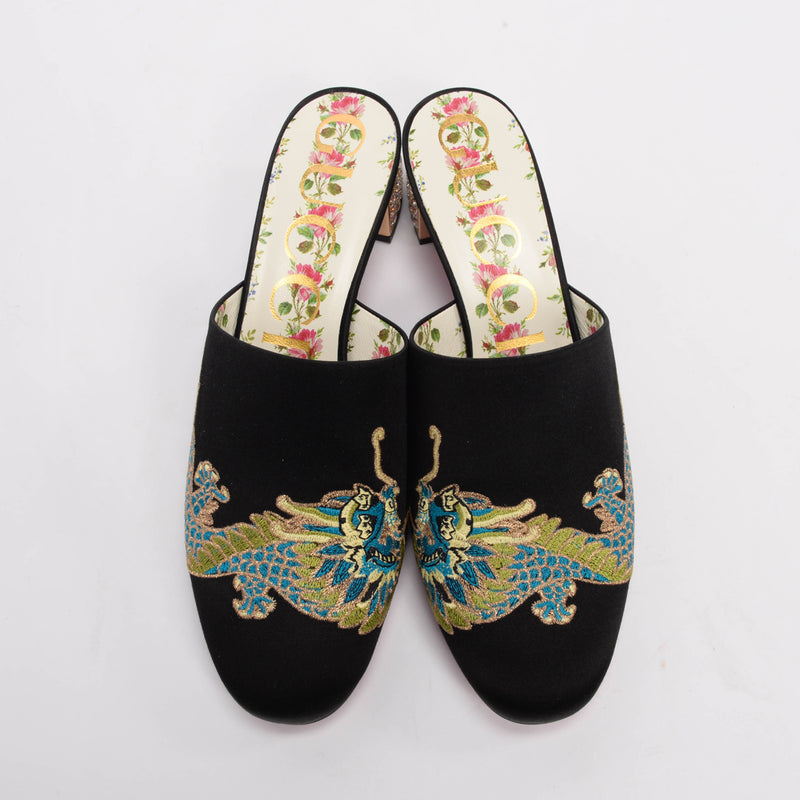 Gucci Black Satin Embroidered Dragon Mules 37 - Blue Spinach