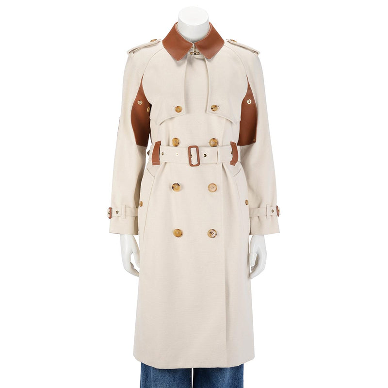 Burberry Ecru & Tan Canvas Leather Detail Trench Coat UK6 - Blue Spinach