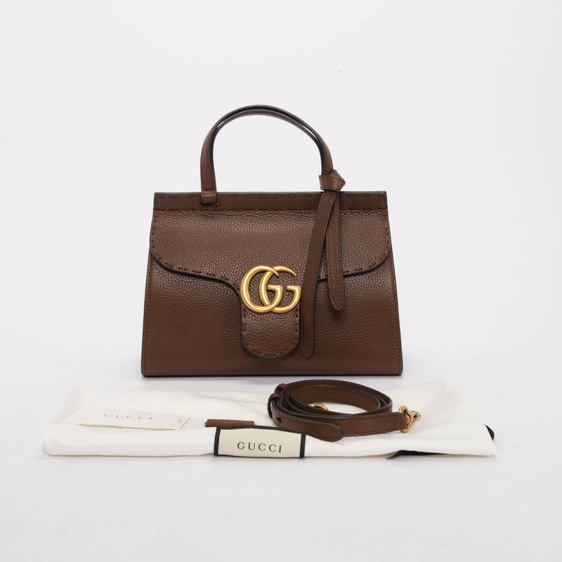 Gucci Brown Calfskin Mini GG Marmont Top Handle Bag - Blue Spinach