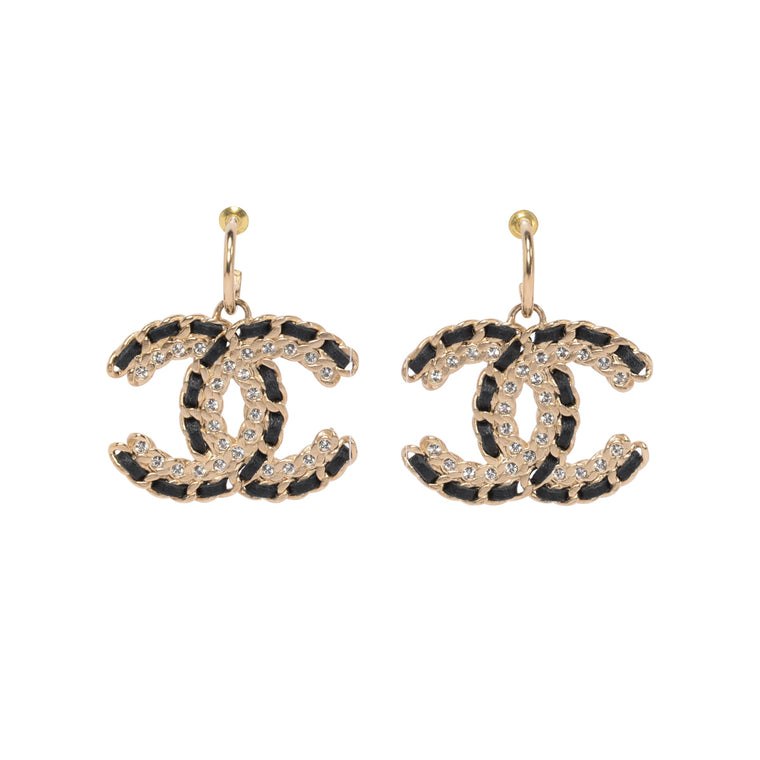 Chanel Black & Gold Crystal CC Drop Earrings