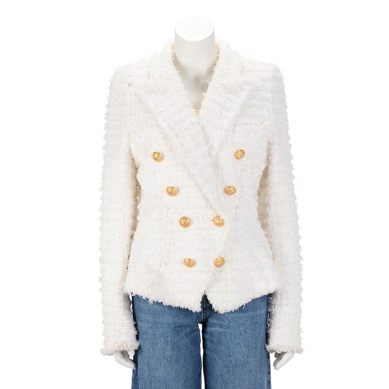 Balmain Cream Tweed Classic DB Blazer FR 46