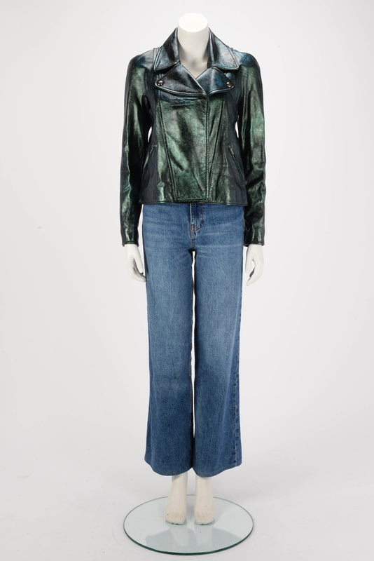 Chanel Green Iridescent Lambskin Biker Jacket FR 34 - Blue Spinach