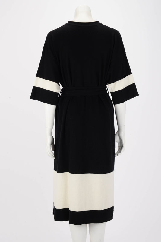 Hermes Black & White Cashmere Belted Midi Dress FR 38 - Blue Spinach