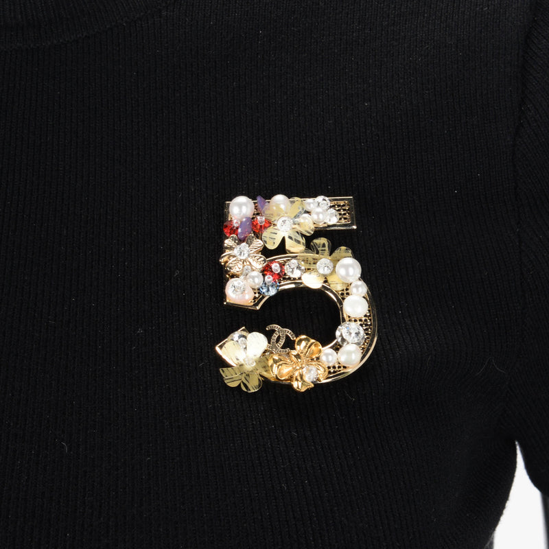 Chanel Light Gold Pearl & Flower Embellished No. 5 Brooch - Blue Spinach