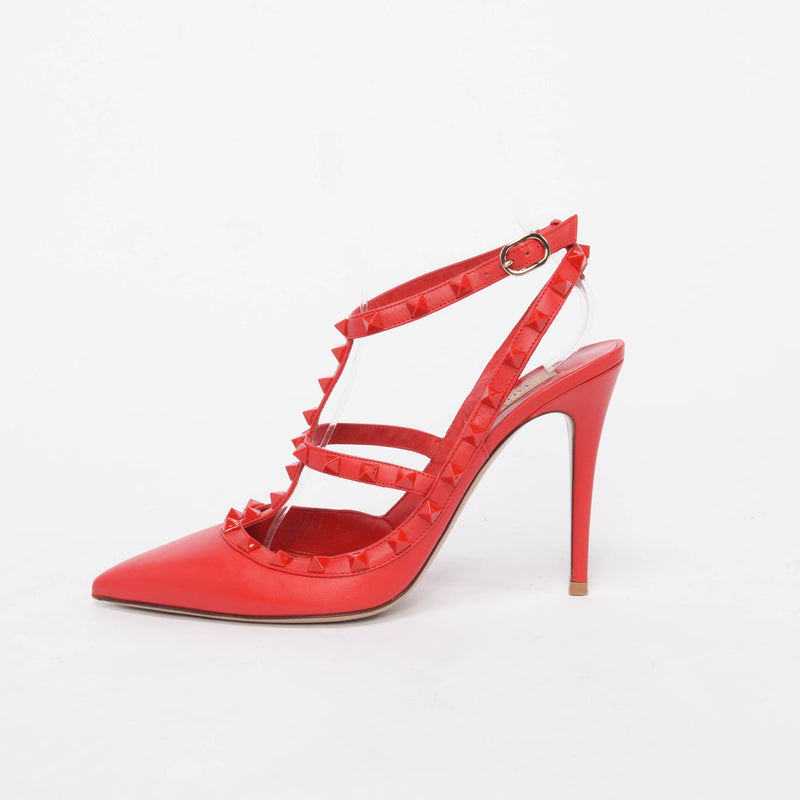 Valentino Red Calfskin Rockstud Cage Pumps 39.5 - Blue Spinach