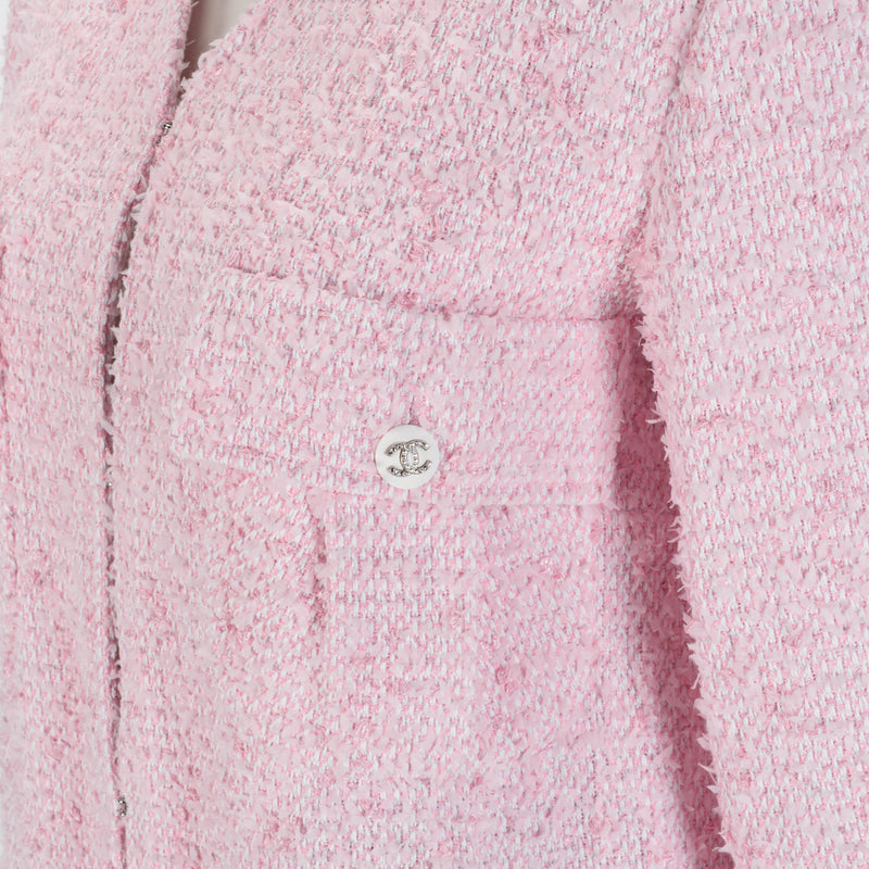 Chanel Pink Fantasy Tweed Collarless Jacket FR 38 - Blue Spinach