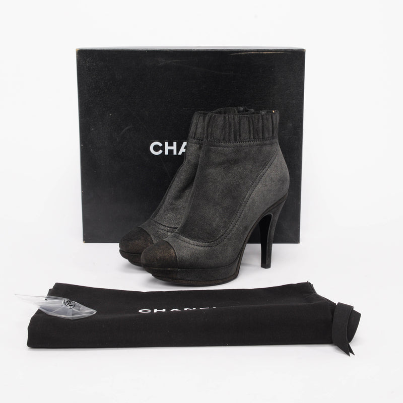 Chanel Anthracite Metallic Suede Platform Sock Boots 37 - Blue Spinach