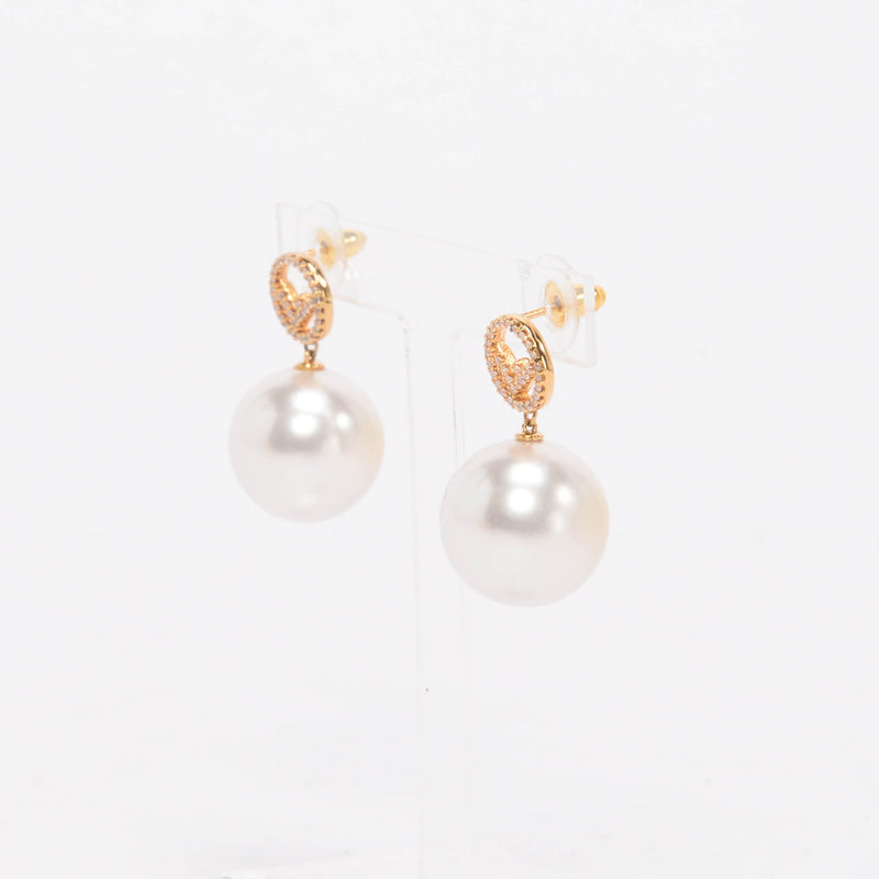 Fendi Gold Tone Crystal & Pearl F is Fendi Drop Earrings - Blue Spinach