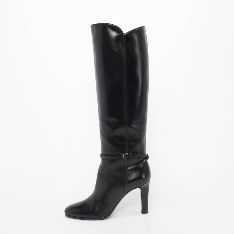 Saint Laurent Black Polished Leather Jane Buckle Boots 39.5 - Blue Spinach