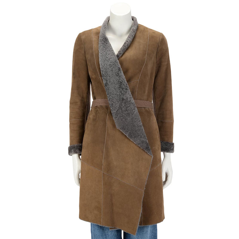 Brunello Cucinelli Brown Shearling Wrap Front Coat IT 42 - Blue Spinach