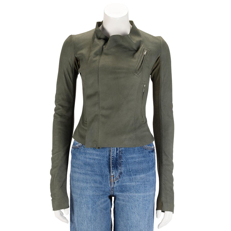 Rick Owens Khaki Leather Cropped Jacket XS - Blue Spinach