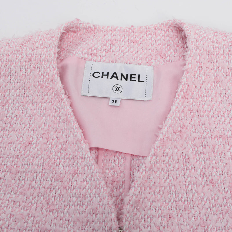 Chanel Pink Fantasy Tweed Collarless Jacket FR 38 - Blue Spinach