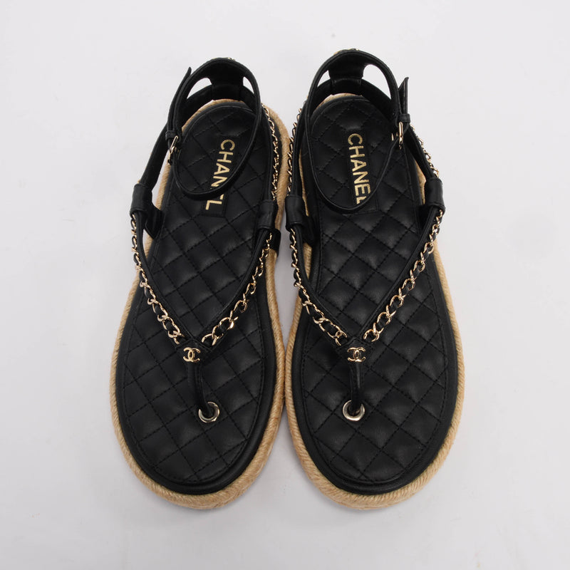 Chanel Black Lambskin Chain CC Thong Sandals 42 - Blue Spinach